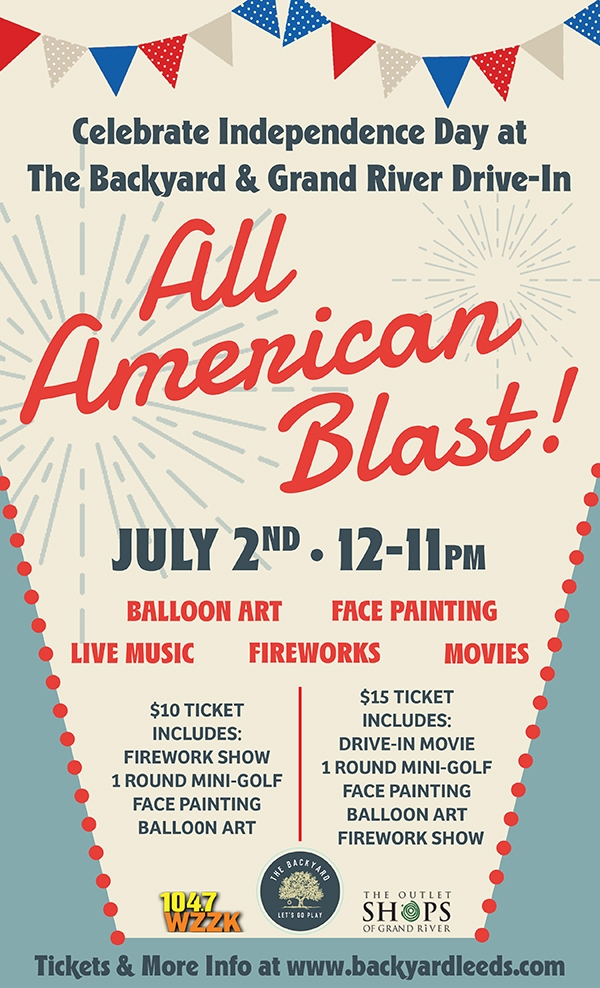 All American Blast – The Backyard at Grand River 4th of July Celebration taking place on July 2nd to celebrate Independence Day! The Backyard, in partnership with The Outlet Shops of Grand River and WZZK 104.7 Radio with live music,