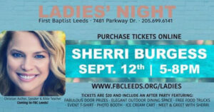 Don't miss this exciting night of worship, testimony, and AFTER PARTY with Sherri Burgess! After Party Is All-Inclusive!  You'll Enjoy:  -Fabulous Door Prizes -Elegant Outdoor Dining Space -Free Food Trucks -Event T-Shirt -Photo Booth -Ice Cream Cart -Meet & Greet With Sherri $20 tickets are available at: https://createdwithapurpose.ticketleap.com/fbcleeds/