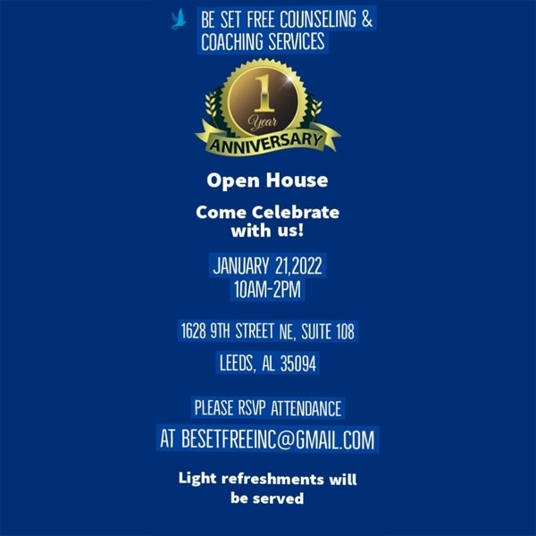 Open House 1st Anniversary Celebration Be Set Free Be Set Free Counseling and Coaching Services - January 21, 2022 10a-2p | 1628 9th St NE