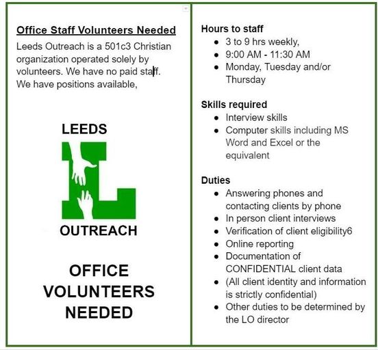 office volunteers needed leeds outreach june 8