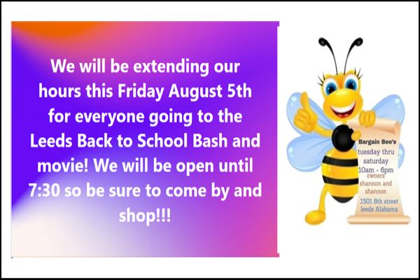 bargain bee's extented hrs for back to school bash aug 5-8-2_copy_600x400
