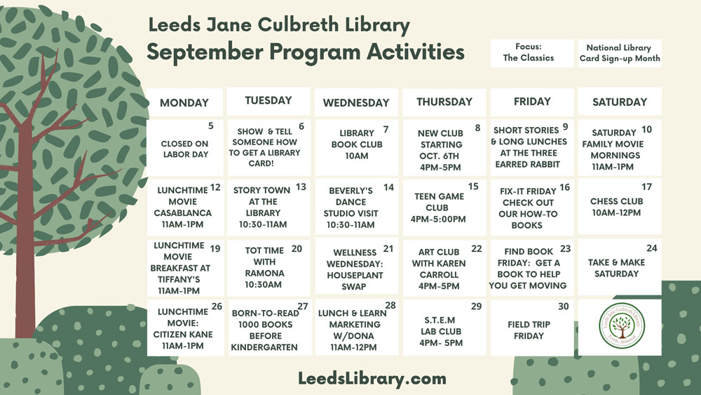 Leeds Jane Culbreth Library Sept. Program Calendar