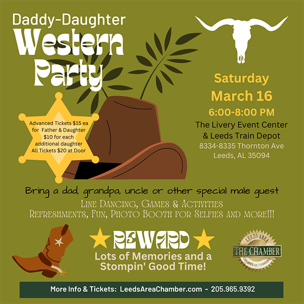Daddy-Daughter Western Party 2024 hosted by Leeds Area Chamber of Commerce on Saturday, March 16 from 6-8p