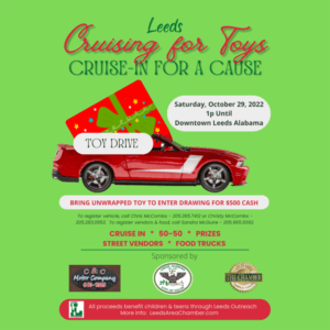 Bring Toys for a Chance to Win $500 at 2nd Annual Leeds Cruising for Toys Charity Event - Leeds, a cruise-in for a cause, Saturday, Oct. 29